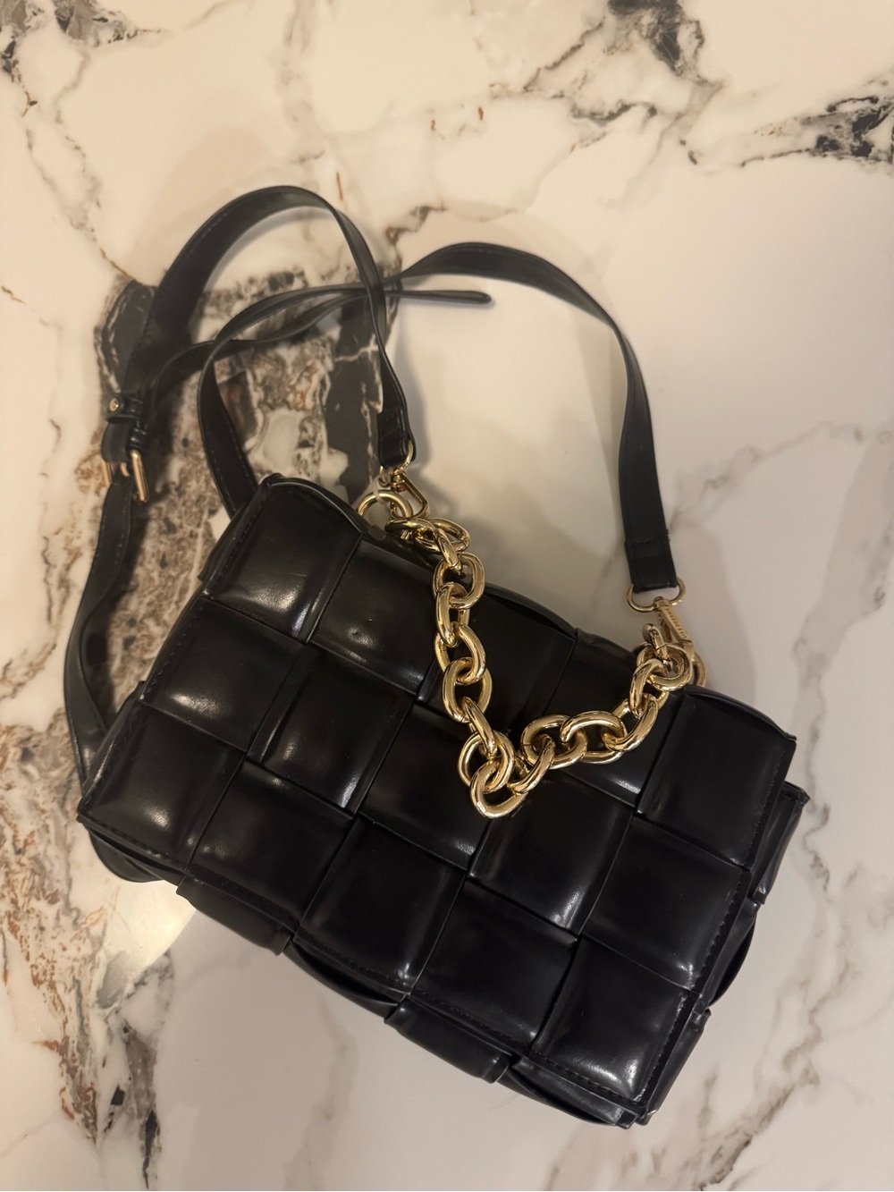 Black Woven Leather Shoulder Bag with Gold Chain